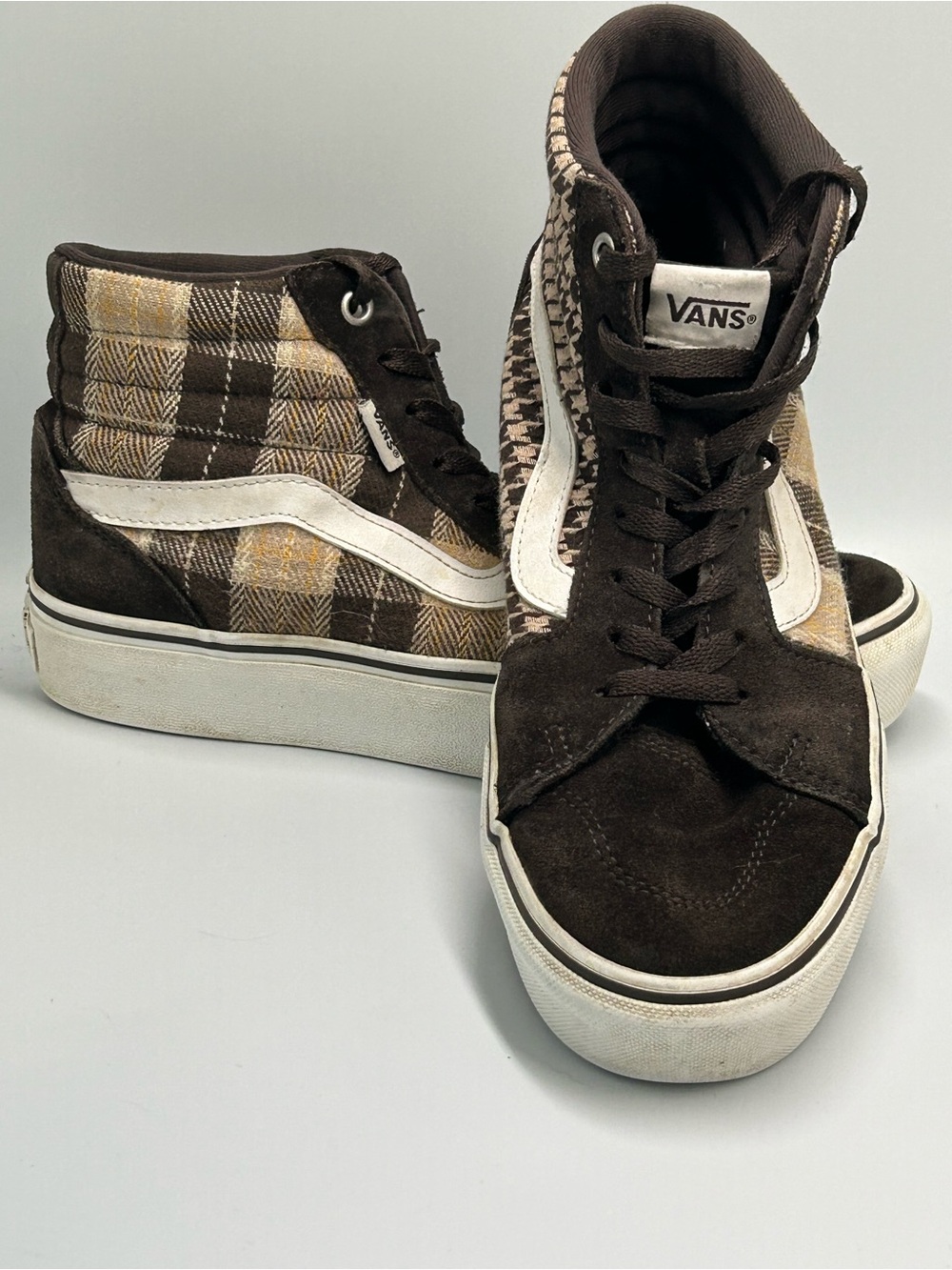 Vans Brown and White Plaid High-Top Sneakers